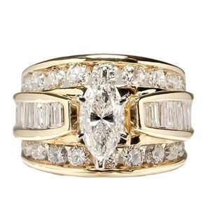 Gold Triple Row Zircon Marquis Solitaire Ring